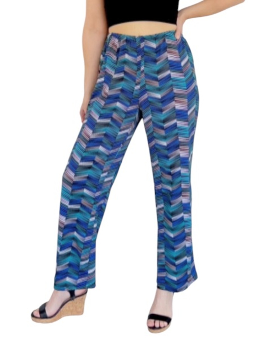 Sunny Leigh Petite blue teal chevron stripe wide leg casual pants size medium